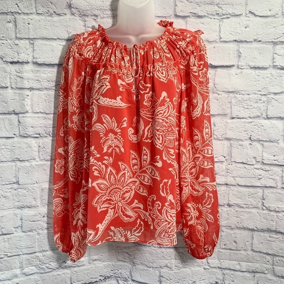 Evereve Tops - Evereve Womens Med‎ Lined Chiffon Top Blouse Gathered Red Floral 3/4 Sleeve NWT